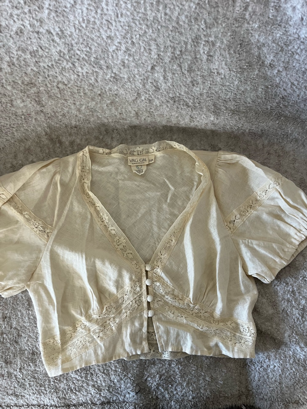 VRG GRL Vintage Cream Lace Trim Cropped Blouse